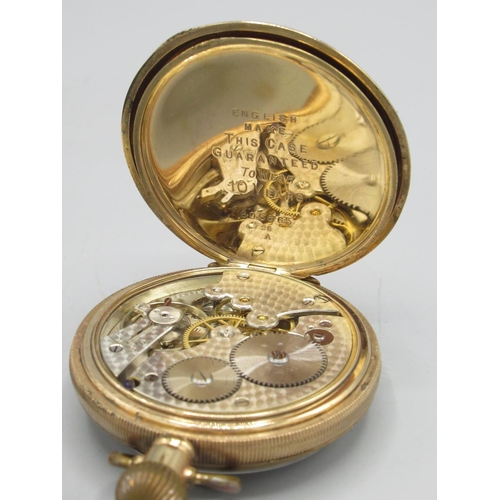 157 - Swiss - rolled gold keyless open faced pocket watch, white enamel Roman dial with subsidiary seconds... 