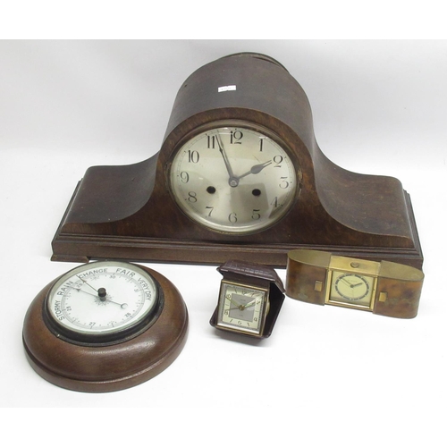 160 - 1930's German oak mantle clock, silvered Arabic dial, two train striking movement on a scroll gong, ... 