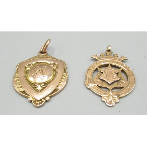 162 - Two early C20th rose gold fobs dated 1909 and 1919 respectively, hallmarked .375, weight 14.2g