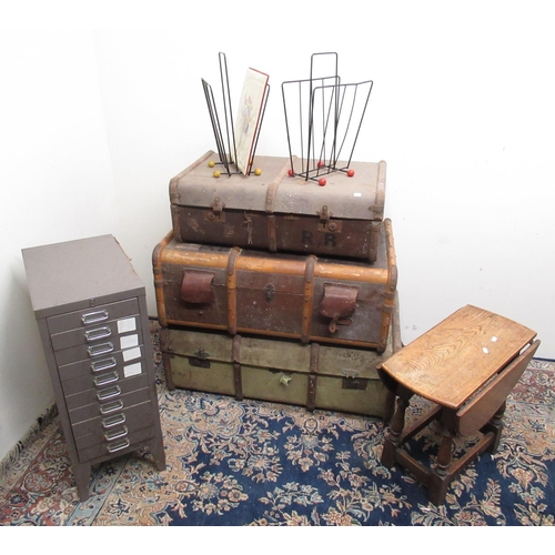 224 - Three luggage trunks, small c20th oak drop leaf table, Star All Steel filing cabinet and 2 wrought i... 