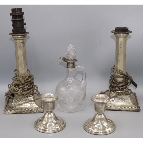 170 - Pair of silver candlestick table lamps having presentation inscription to Mr R Cartwright, employee ... 