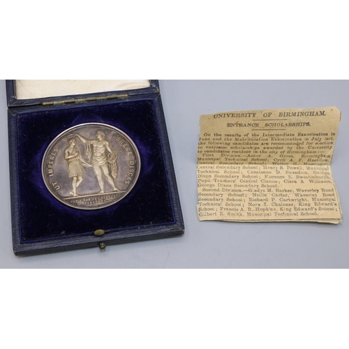 174 - Hallmarked silver scholarship medallion, Birmingham 1908, decorated with two Greek scholars and text... 