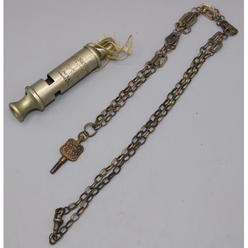 195 - The Metropolitan Patent Manchester City Police whistle, and a pocket watch key for Arthur Kay, Marke... 