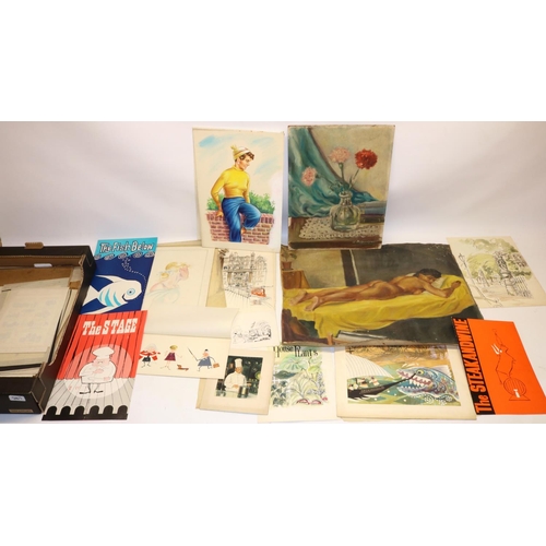 197 - Collection of unframed mid C20th original artwork, predominantly watercolours, and three mid C20th r... 