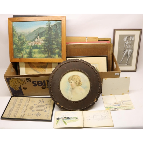 198 - Quantity of loose sketches, framed pictures incl. watercolours, prints, and a needlework sampler (qt... 