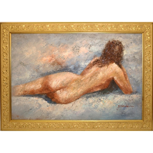 233 - Late C20th nude study, oil on canvas, signed N Drewe, framed, 60x91cm