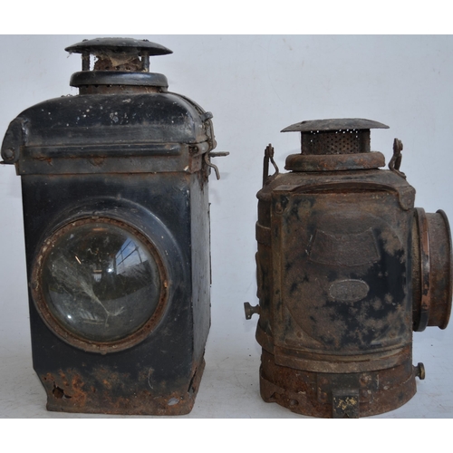 626 - Two vintage Adlake Non Sweating railway lamp, larger version with no internals, both in need of rest... 