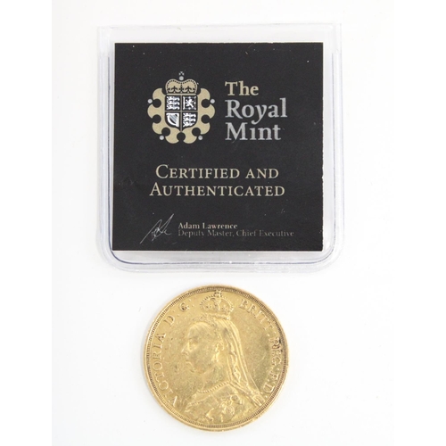 340 - QV 1887 Jubilee head two pounds (double sovereign) with Royal Mint authentication card