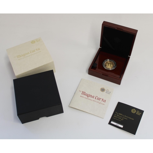 345 - Royal Mint 2015 800th Anniversary of Magna Carta gold proof £2, with original box and cert.