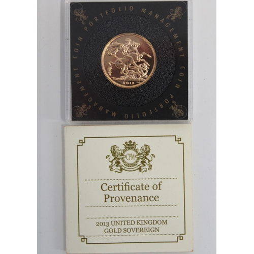 360 - ERII 2013 gold sovereign in CPM perspex coin case with cert.