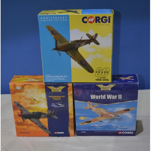 598 - 3 boxed 1/72 scale diecast Corgi Hawker Hurricane models, all limited edition: Hurricane Mk1 (Trop),... 