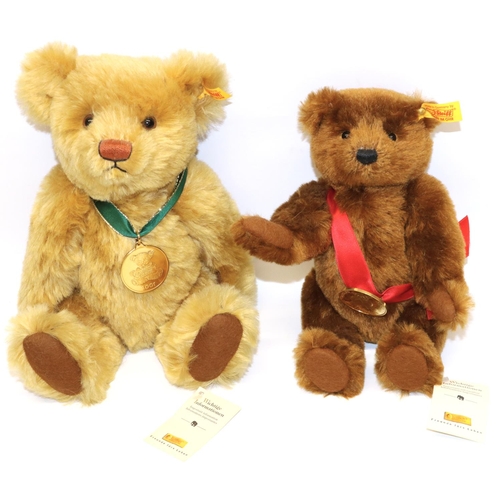 136 - Steiff teddy bear: brown mohair 661303, with 'World's First Teddy Bear' medallion on red ribbon, H24... 