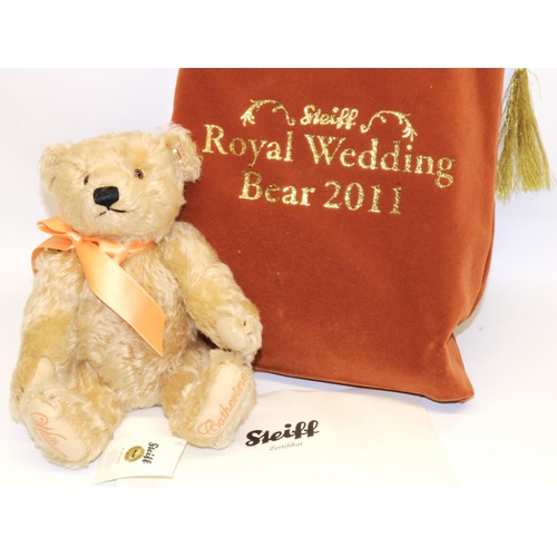 138 - Steiff teddy bear: 2011 Royal Wedding commemorative bear, blonde mohair with peach ribbon and medall... 