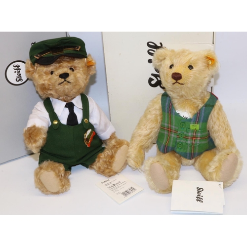 Steiff teddy bears: 'Flying Scotsman' 664694, bear wearing a green Flying Scotsman engine driver uniform, H26cm, with box; and another Steiff teddy bear 004230, wearing a Flying Scotsman waistcoat, H27cm, with box (2)
