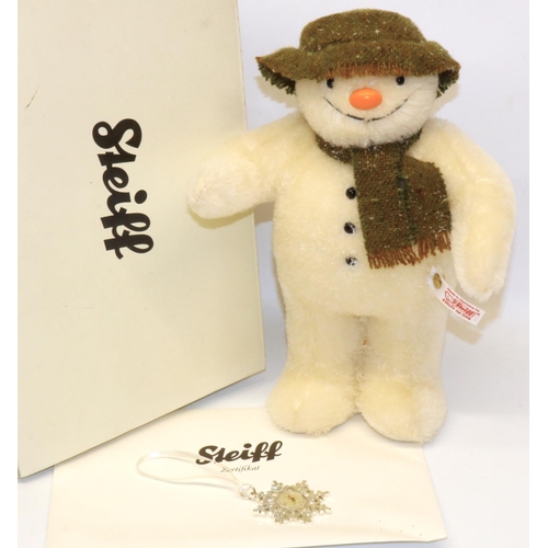 141 - Steiff: The Snowman 663826, 2013 30th anniversary mohair soft toy, H26cm, with snowflake medallion, ... 