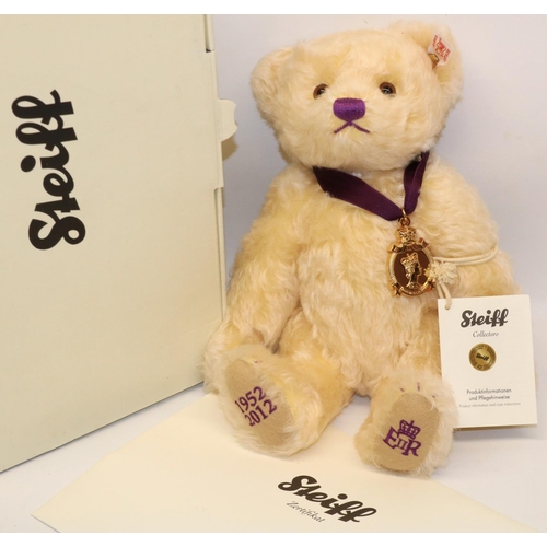 144 - Steiff teddy bear:  Diamond Jubilee 2012 663659, in cream mohair, with gold medallion on purple ribb... 