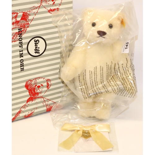 145 - Steiff teddy bear: 'Memories'  664601, white mohair bear with heart shaped tag on cream ribbon, H23c... 