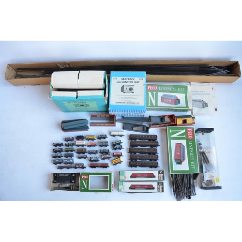 577 - Collection of N gauge goods wagons, passenger coaches, large quantity of track, 2 power control unit... 