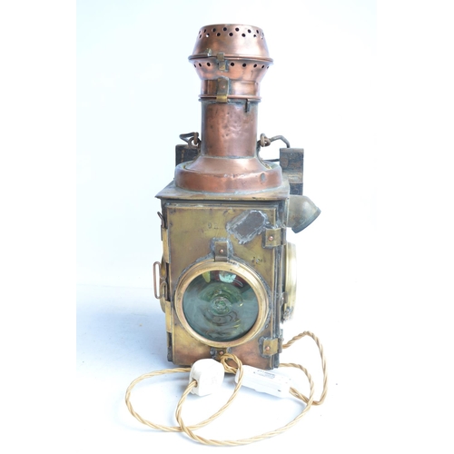 616 - An attractive vintage railway level crossing gate lamp (possibly French) in brass and copper with ad... 