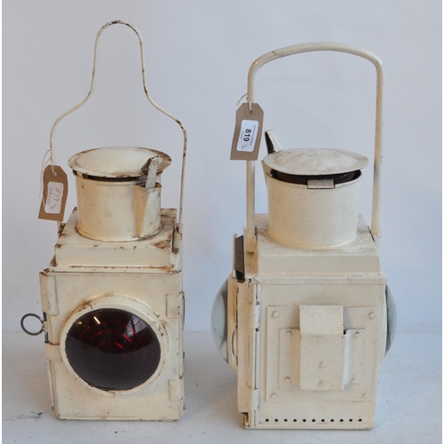 622 - Two Large white painted railway lamps (no internal burners) to include a BR(M) stamped tail lamp wit... 