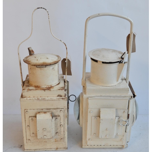 622 - Two Large white painted railway lamps (no internal burners) to include a BR(M) stamped tail lamp wit... 