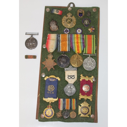 14 - Framed collection of Medals and badges, set of medals to 55074 Cpl J. Butcher R.E. 1914 Star, Britis... 