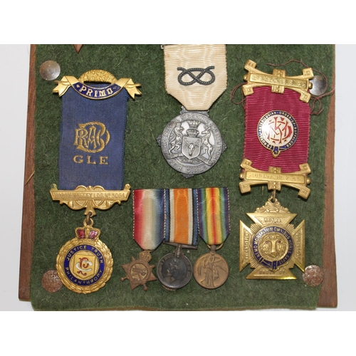 14 - Framed collection of Medals and badges, set of medals to 55074 Cpl J. Butcher R.E. 1914 Star, Britis... 