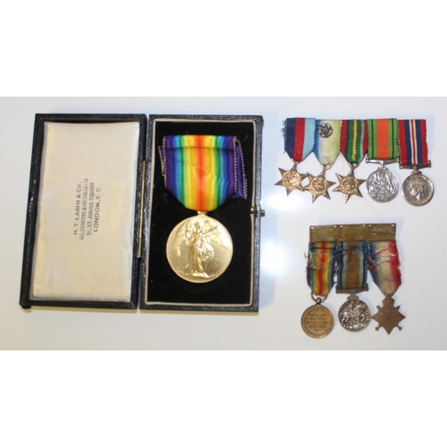 15 - Victory Medal to 4238 Pte H. W. Sharp Seaforth, in medal box, set of three WWI miniatures, set of fi... 