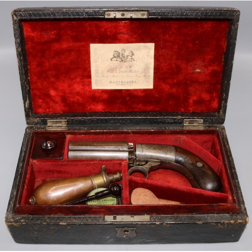 30 - Cased English six shot percussion pepperbox revolver, 3' barrels with proof marks, in fitted leather... 