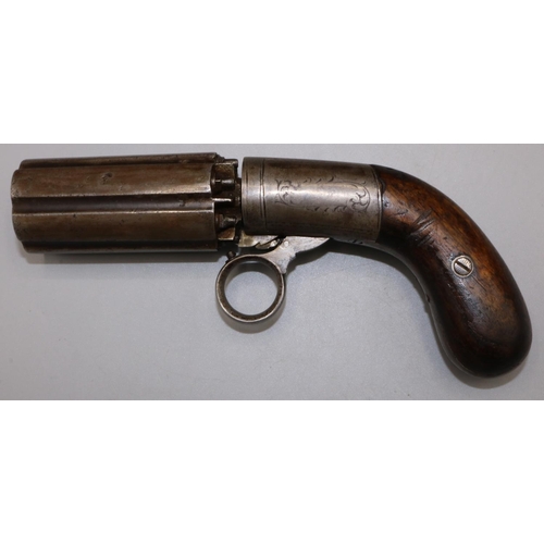 30 - Cased English six shot percussion pepperbox revolver, 3' barrels with proof marks, in fitted leather... 