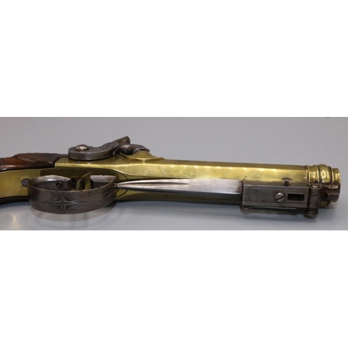 31 - Belgian Percussion cap pocket pistol, brass action and cannon barrel with Liege proof mark, trigger ... 