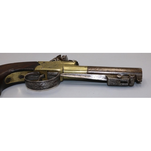32 - H. Nock of London flintlock pocket pistol, engraved brass action with 2`3/4