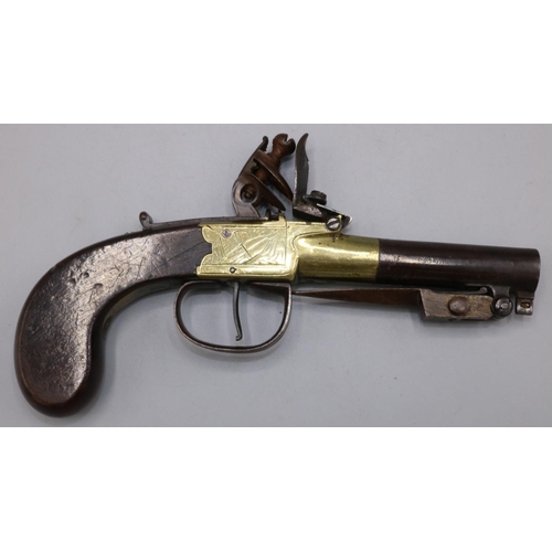 34 - Hampton & Son flintlock pocket pistol with brass action and 2 1/2