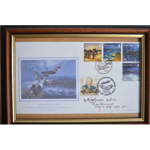 25 - Four framed commemorative covers to include The Dambusters, Neville Duke (with CoA), The Falklands C... 