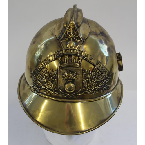 258 - French Sapeurs Pompiers d' Hesdin Brass fireman's Helmet. Complete with all outer parts but lacking ... 