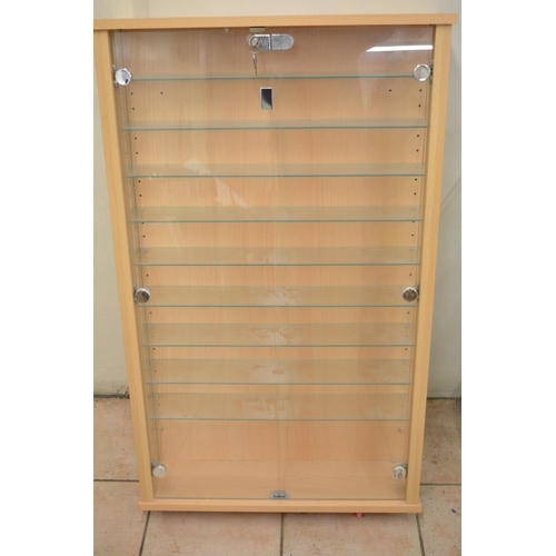 614 - Large wall mounting multi-shelf wood and glass display cabinet with 9 removeable glass shelves, lock... 