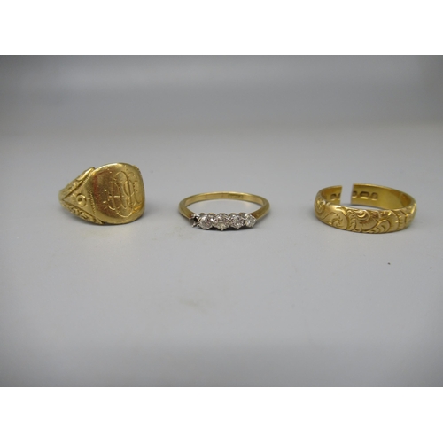 187 - 18ct yellow gold four stone diamond ring (A/F), size R, and two more 18ct gold rings, both A/F, 12.7... 