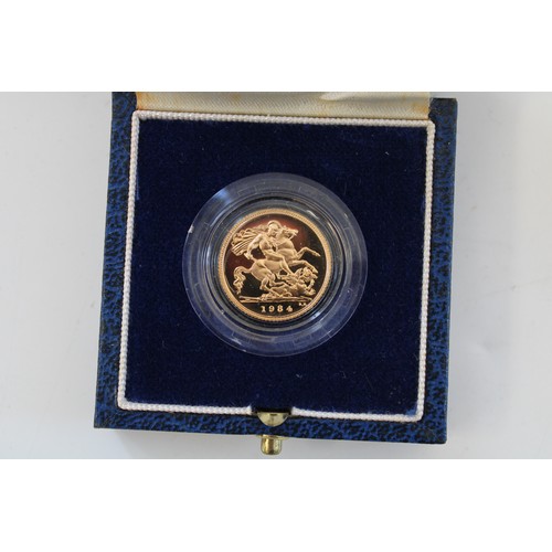 376 - 1984 UK gold proof half sovereign, encapsulated in original box with cert.