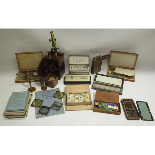 220 - J.T.Slugg of Manchester brass microscope with original wood case and a large collection of late 19th... 