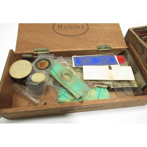 220 - J.T.Slugg of Manchester brass microscope with original wood case and a large collection of late 19th... 