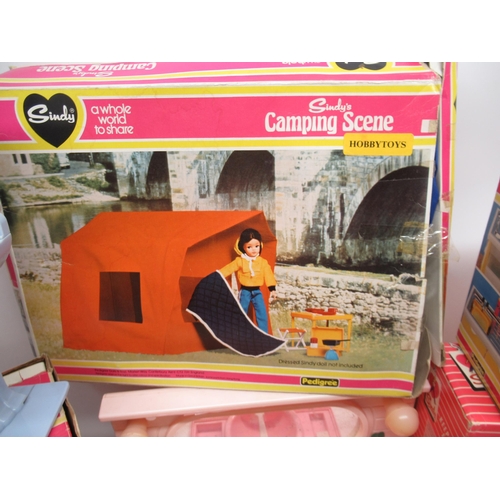 109 - Sindy Keeping fit gym set and other vintage Sindy furniture and gift sets including camping scene et... 