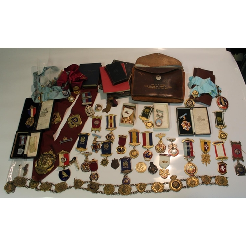 479 - Extremely large collection of Masonic items.  Jewels from various Lodges, Regalia, Sashes, Ritual bo... 