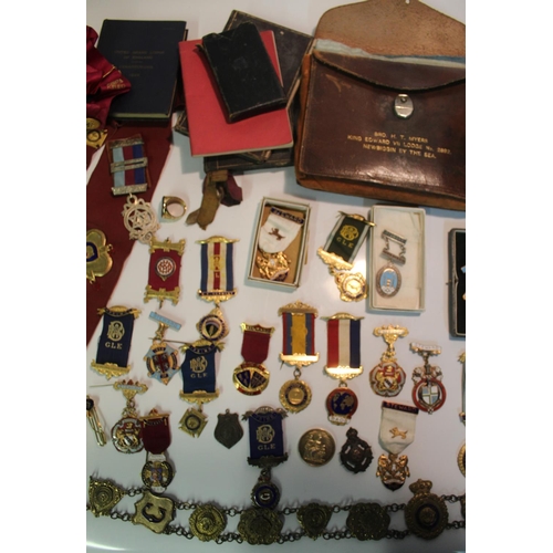 479 - Extremely large collection of Masonic items.  Jewels from various Lodges, Regalia, Sashes, Ritual bo... 