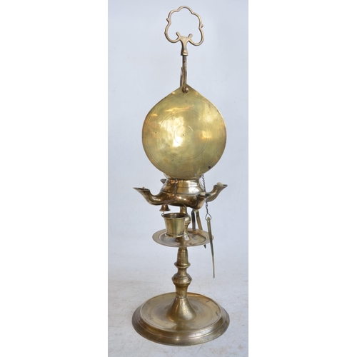 614A - Unusual antique brass students paraffin fed table lamp with carry handle and 4 lights with hanging a... 