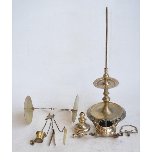 614A - Unusual antique brass students paraffin fed table lamp with carry handle and 4 lights with hanging a... 