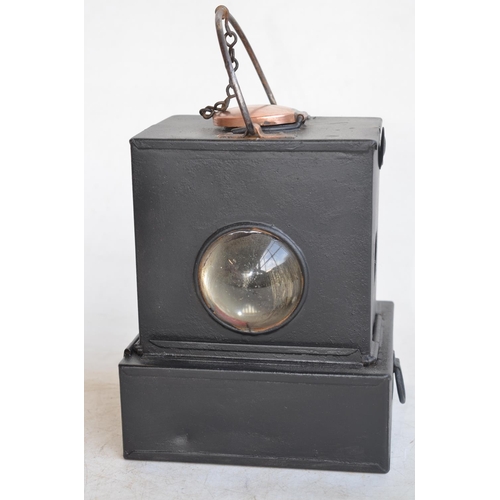 644 - British Rail (M) oil signal lamp circa 1950s, clear glass dome lens with 2 red glass side panels, ma... 