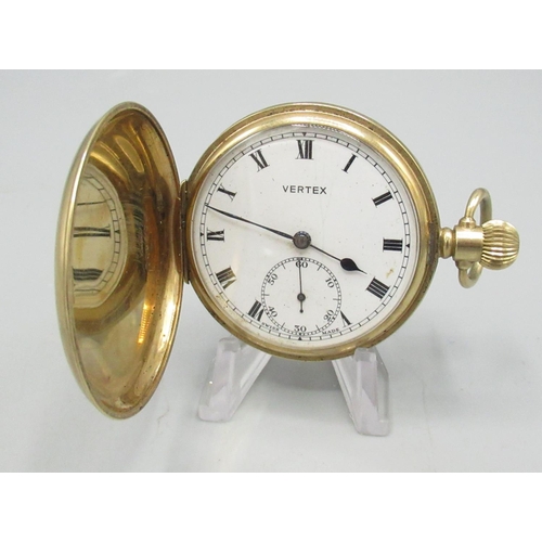Vertex 9ct gold Hunter pocket watch, signed white enamel Roman dial with subsidiary seconds, hinged cuvette and back no. 708702 hallmarked .375 Birmingham 1955, Vertex Revue Swiss Made 15 jewel movement numbered 31, D49.3mm gross weight 96.1g