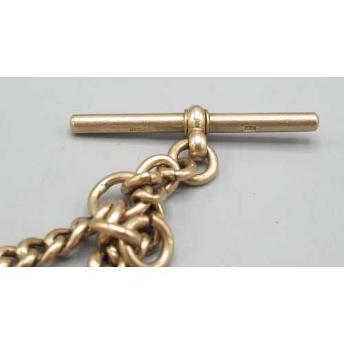 1231 - C20th rose gold tapering curb link double watch Albert, hallmarked 9C, lacking one dog clip, L40cm w... 