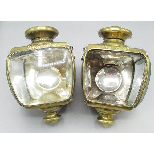 150 - Pair of C20th Ducellier of Paris brass car side lamps, 1 missing glass bezel front