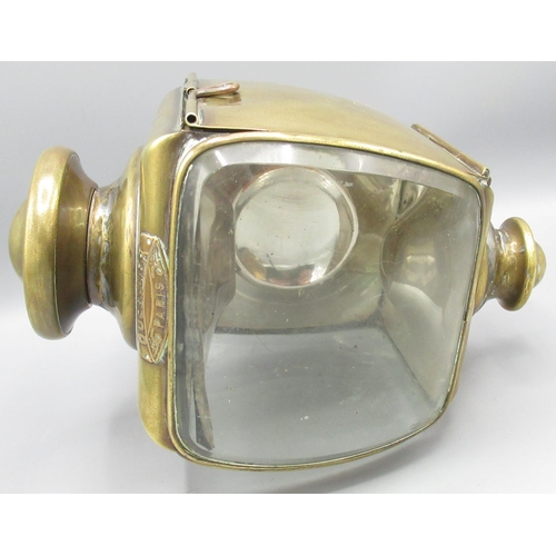 150 - Pair of C20th Ducellier of Paris brass car side lamps, 1 missing glass bezel front